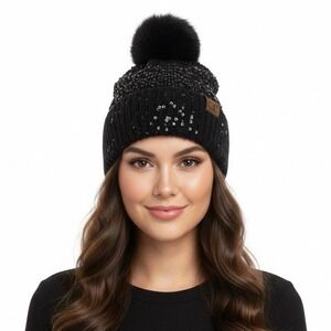 NWT C.C. Sequin Pom Beanie Womens OS Black Faux Fur Winter Glam Holiday Party